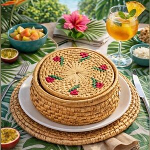 Woven Coaster with Pink and Green Accents